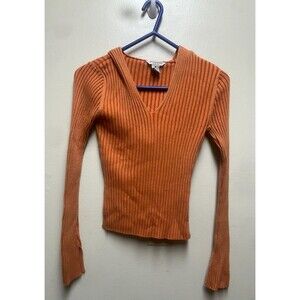Y2K Aeropostale ribbed knit hooded top orange open sleeve v neck slim medium